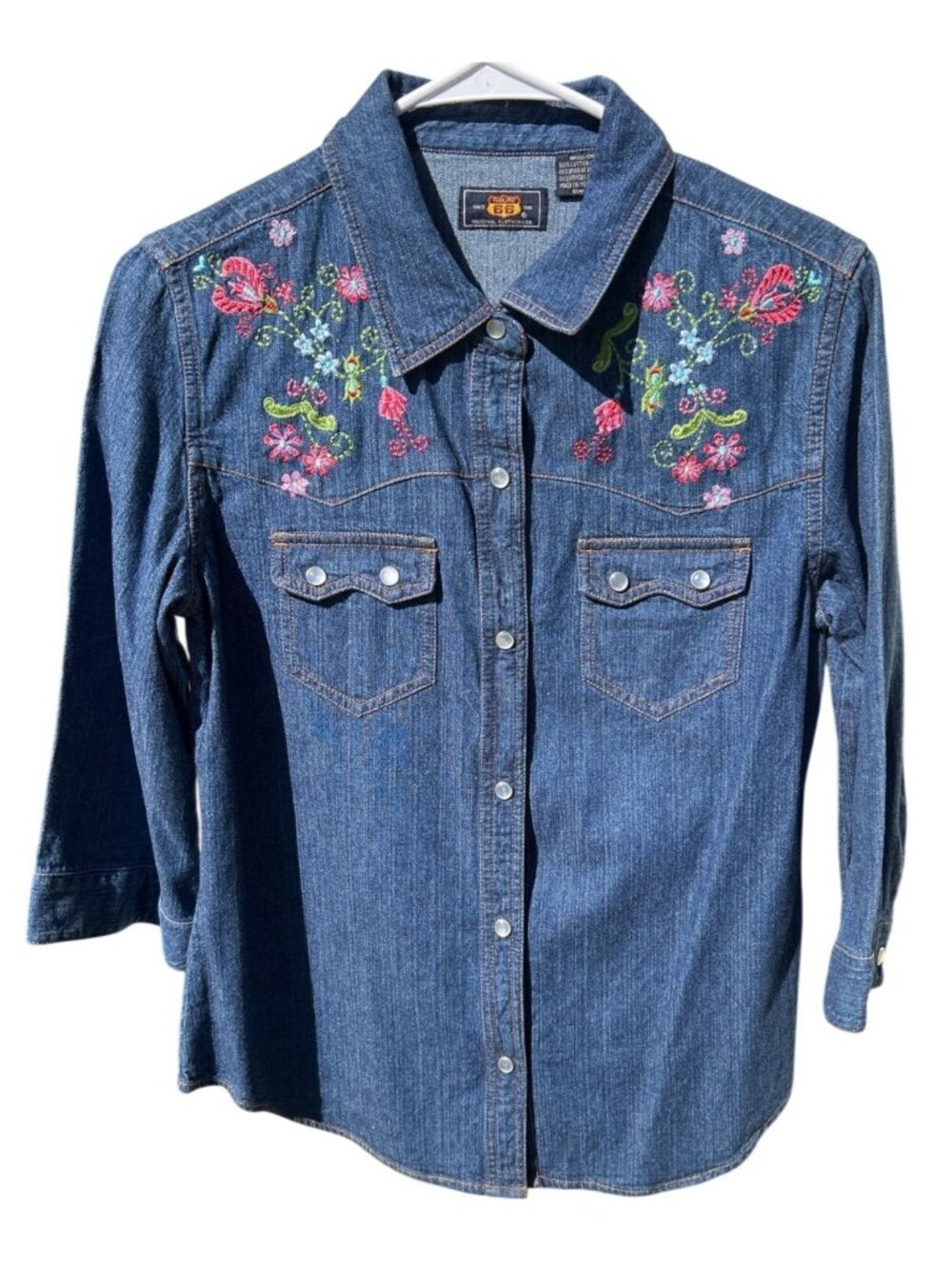 Route 66 Womens Size Small Western Denim Shirt Floral Embroidery & Snap Buttons